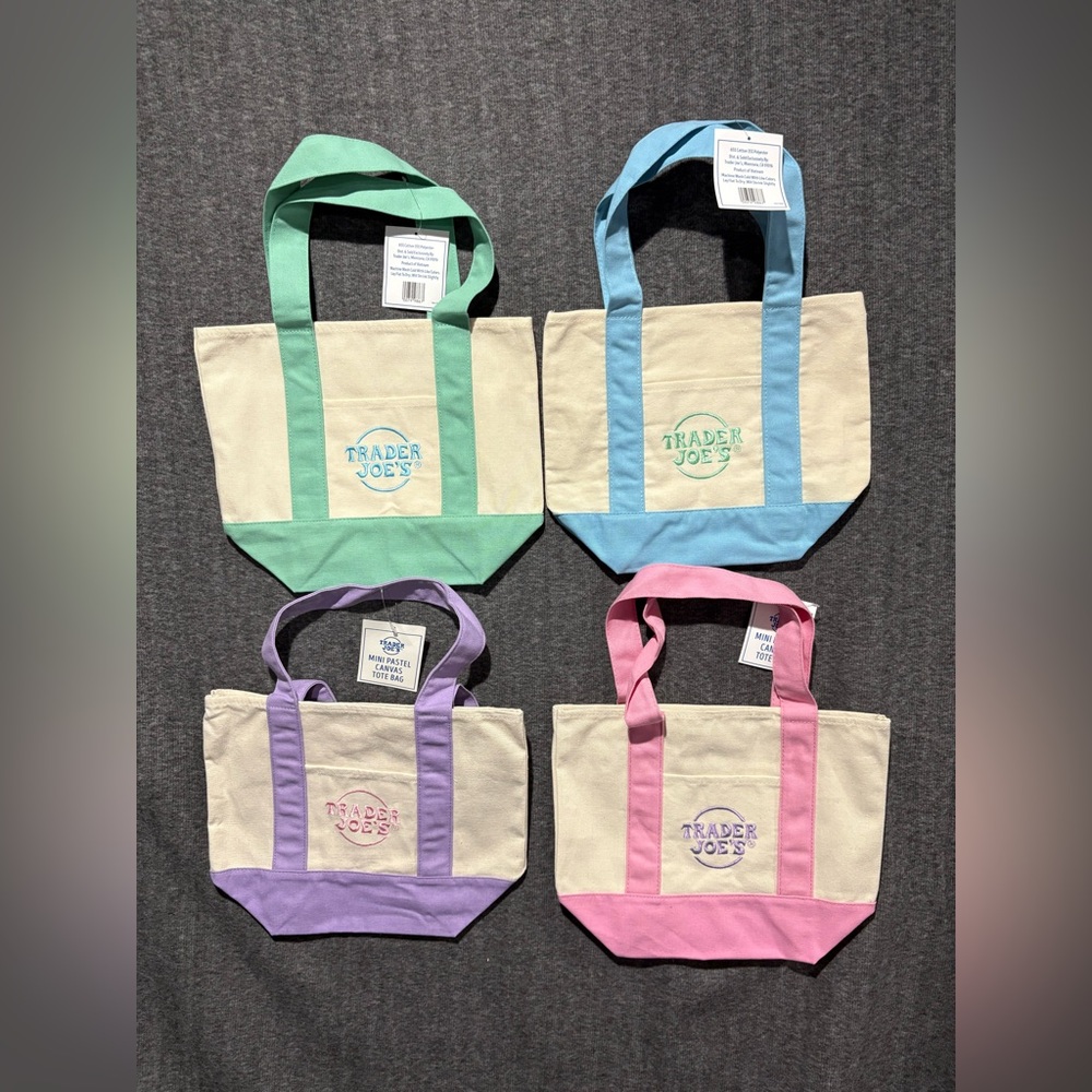 4X TRADER JOE'S MINI PASTEL CANVAS TOTE BAG, NEW SPRING PASTEL COLORS 4 BAGS SET